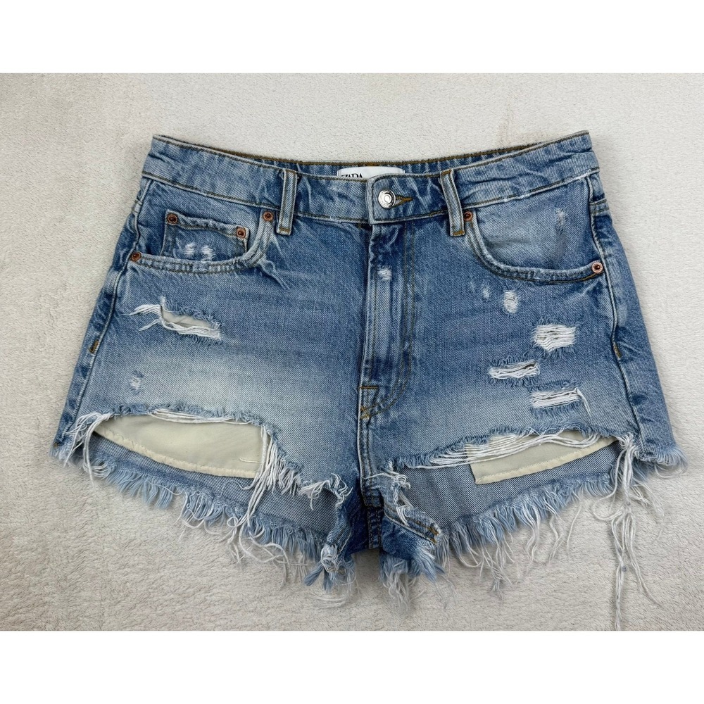 Zara The High Waist Short Blue Distressed Denim Cut Off Jean Shorts Size 6